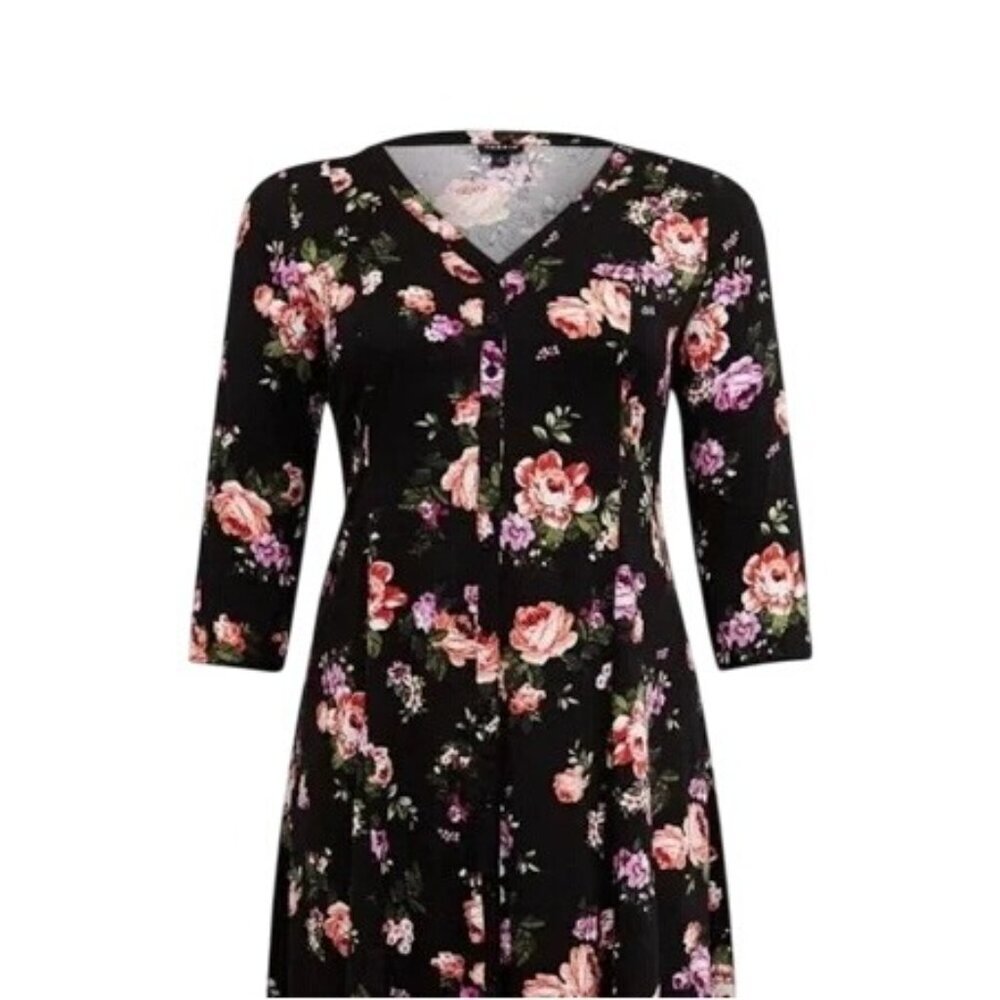 Torrid Black Floral Challis Button Down Trapeze Midi Dress - Picture 5 of 15